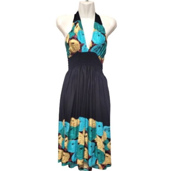 Halter Colorful Dress Summer Halter Dress in Blue, Green and Tan Floral Print - Picture 1 of 15